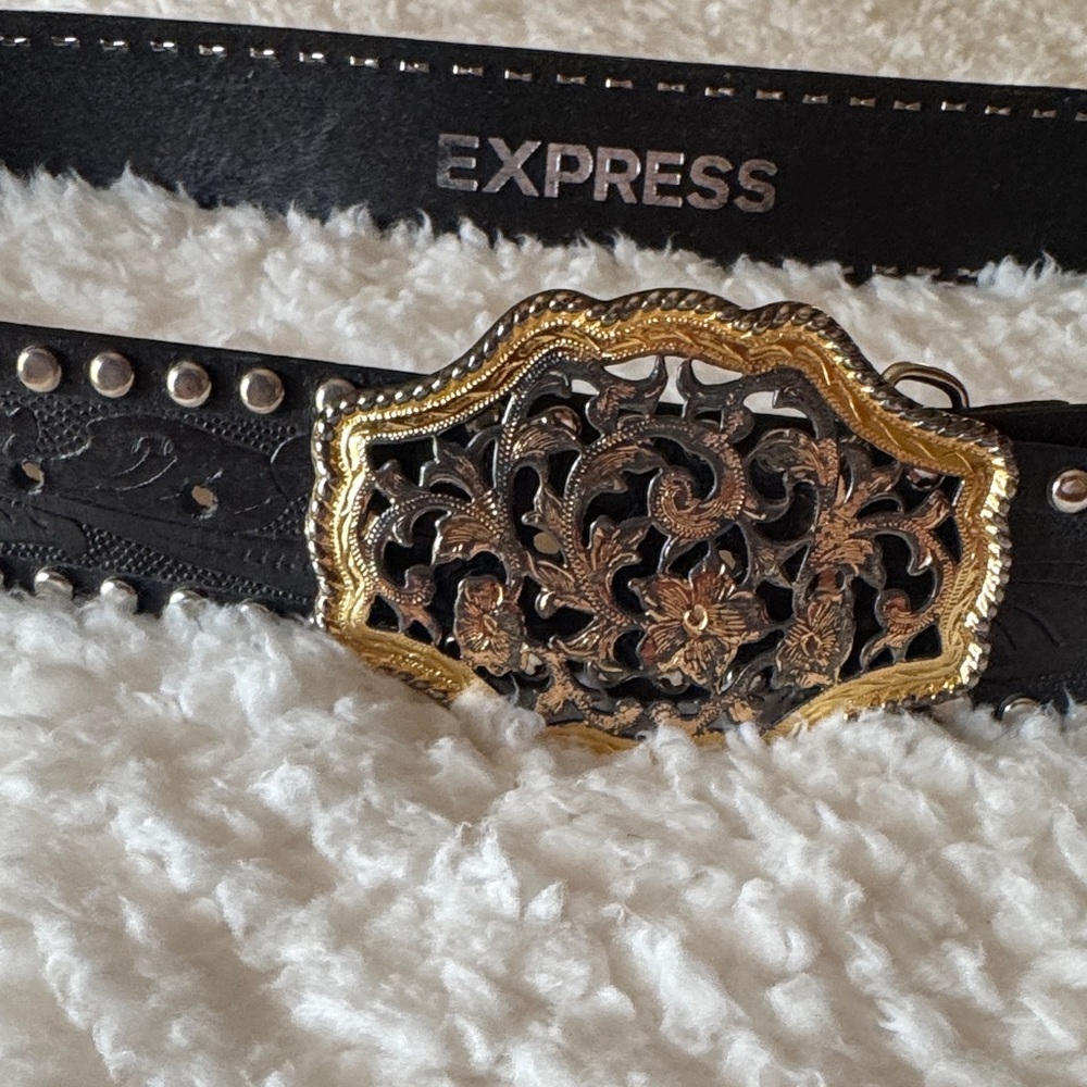 Express Black Belt with Intricate Gold Buckle